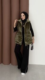 Kapitoneli Kadife Şişme Yelek - Haki - Görsel 5