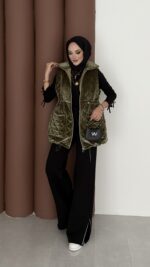 Kapitoneli Kadife Şişme Yelek - Haki - Görsel 6