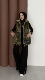 Kapitoneli Kadife Şişme Yelek - Haki - Görsel 7