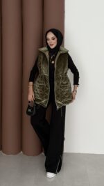 Kapitoneli Kadife Şişme Yelek - Haki - Görsel 8