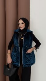 Kapitoneli Kadife Şişme Yelek - Petrol - Görsel 4