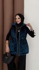 Kapitoneli Kadife Şişme Yelek - Petrol - Görsel 3