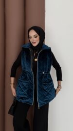 Kapitoneli Kadife Şişme Yelek - Petrol - Görsel 2