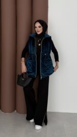 Kapitoneli Kadife Şişme Yelek - Petrol - Görsel 6