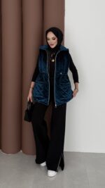 Kapitoneli Kadife Şişme Yelek - Petrol - Görsel 7