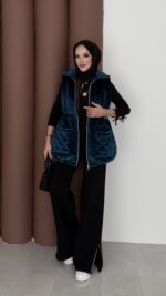 Kapitoneli Kadife Şişme Yelek - Petrol - Görsel 5