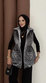 Kapitoneli Kadife Şişme Yelek - Antrasit - Görsel 3