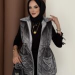 Kapitoneli Kadife Şişme Yelek - Antrasit