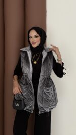 Kapitoneli Kadife Şişme Yelek - Antrasit