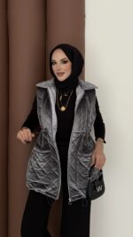 Kapitoneli Kadife Şişme Yelek - Antrasit - Görsel 5