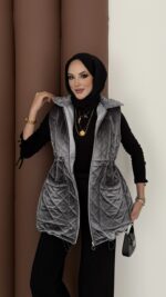 Kapitoneli Kadife Şişme Yelek - Antrasit - Görsel 4