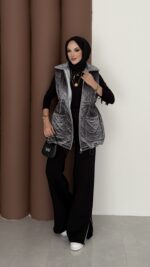 Kapitoneli Kadife Şişme Yelek - Antrasit - Görsel 7