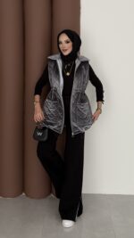 Kapitoneli Kadife Şişme Yelek - Antrasit - Görsel 8