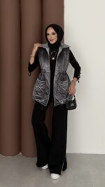 Kapitoneli Kadife Şişme Yelek - Antrasit - Görsel 6