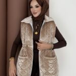 Kapitoneli Kadife Şişme Yelek - Bej