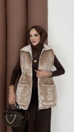 Kapitoneli Kadife Şişme Yelek - Bej