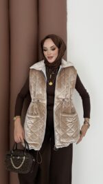 Kapitoneli Kadife Şişme Yelek - Bej - Görsel 2