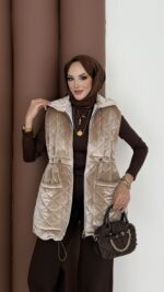 Kapitoneli Kadife Şişme Yelek - Bej - Görsel 3