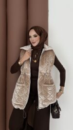 Kapitoneli Kadife Şişme Yelek - Bej - Görsel 4