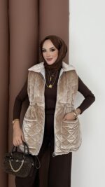 Kapitoneli Kadife Şişme Yelek - Bej - Görsel 5