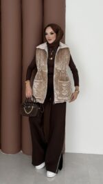 Kapitoneli Kadife Şişme Yelek - Bej - Görsel 7