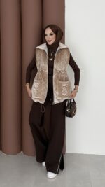 Kapitoneli Kadife Şişme Yelek - Bej - Görsel 9