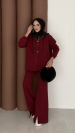 Snow Trenç Kapşonlu Şardonlu İkili Takım - Bordo - Görsel 3