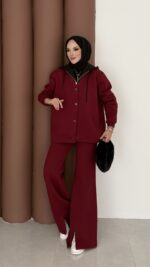 Snow Trenç Kapşonlu Şardonlu İkili Takım - Bordo - Görsel 4