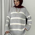 Muadil Çizgili Kazak - Gri