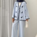 Macarina Nakışlı Keten İkili Takım - Mavi